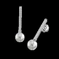 A timeless pair of Dark Silver Pearl and Round Brilliant Cut diamond drop earrings in 18ct white gold