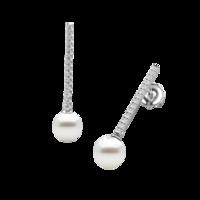 A beautiful pair of 9mm White Pearl and Round Brilliant Cut diamond drop earrings in 18ct white gold