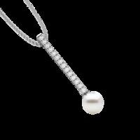 A beautiful 9mm White Pearl and Round Brilliant Cut diamond drop pendant in 18ct white gold