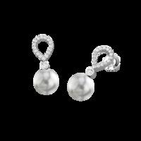 A classic pair of Dark Silver Pearl and Round Brilliant Cut diamond drop earrings in 18ct white gold