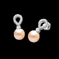 A timeless pair of 9mm Light Peach Pearl and Round Brilliant Cut diamond drop earrings in 18ct white gold