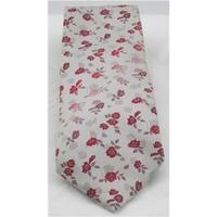 A39-Saville Row silver silk tie with pint & red flower print