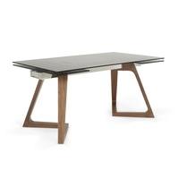 Abena Extendable Glass Dining Table In Smoked With Walnut Legs