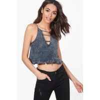 Acid Wash Strappy Peplum Frill Vest - charcoal