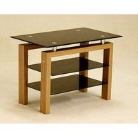 Adina Black Glass TV Stand With Walnut Wooden Legs