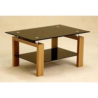 Adina Black Glass Coffee Table With Undershelf And Oak Legs