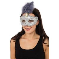 Adult\'s Silver Gilded Eyemask With Feather