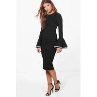 Afia Contrast Flared Sleeve Bodycon Dress - black