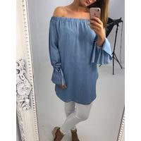 Aiden Light Denim Bardot Tie Sleeve Tunic Top