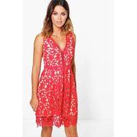 Aiko Lace Ladder Trim Skater Dress - red