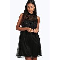 Aida Beaded High Neck Babydoll Dress - black