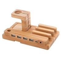 All in 1 Bamboo Charging Stand Holder 4 USB for Apple Watch iWatch 38mm 42mm for iPhone 6 6S 6 Plus 6S Plus Samsung Galaxy S6 S7 edge HTC Smartphone f