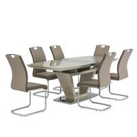 alantra 6 seater extendable glass dining set in latte and taupe