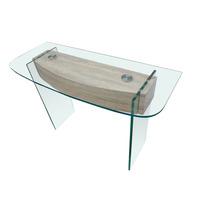 alpha clear glass console table with oak effect