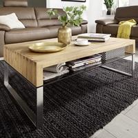 Alana Rectangular Coffee Table In Knotty Oak With Metal Legs