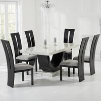 allie marble dining table in cream with 6 ophelia grey chairs