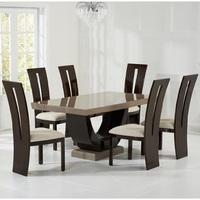 Allie Marble Dining Set In Brown With 6 Ophelia Cream Chairs