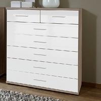 alton wide chest of drawers in high gloss white and oak