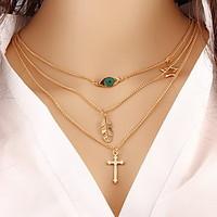Alloy Triangle Layered Chain Necklace with Cross /Eye/Leaf Pendant
