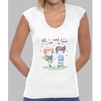 all you need is love- woman, manga short, v neck, white