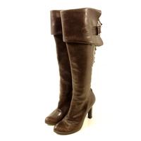 Alexander McQueen Size 36 (UK 3.5) Chocolate Brown Leather Fold Down Lace Up Heeled Thigh Boots