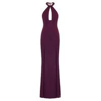 aloura london saffron evening dress with front splits in berry