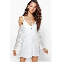 All Over Lace Cold Shoulder Swing Dress - ivory