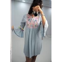 Alba neon embroidered flared sleeve shift dress