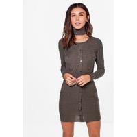 alison button front choker mini dress khaki