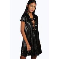 Aliza Oversized Eyelet Shift Dress - black