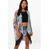 all over printed kimono with tassles blue