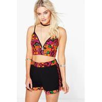 ally embroidered crop shorts co ord set black