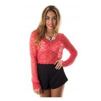 Aliana Long Sleeve Lace Crop Top in Red