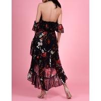ALISON - Black and Red Floral Print Chiffon Midi Dress