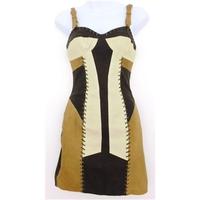 All Saints Size 6 Cream, Black And Brown Leather Panel Dress