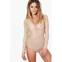 Alice Plunge V Neck Lace Bodysuit - stone