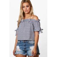 Alicia Off The Shoulder Gingham Tie Sleeve Top - multi