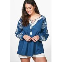 Alyssa Embroidered Detail Smock Top - blue