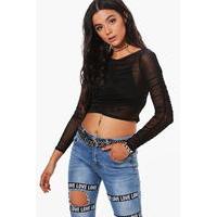 allover ruched mesh crop top black