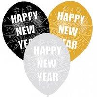 Amscan Happy New Year All-round Printed Latex Balloons, Black/ Silver/ Gold