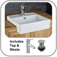 Amora 46.5cm x 46cm Semi Recessed Square Inset Countertop Sink With Tap and Waste