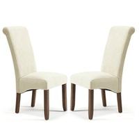 Ameera Dining Chair In Plain Cream Fabric And Walnut in A Pair