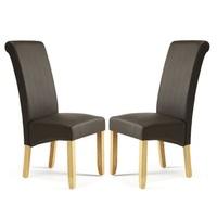 Ameera Dining Chair In Brown Faux Leather And Oak in A Pair