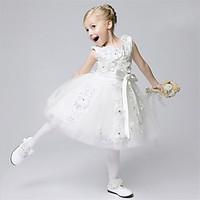 AMGAM A-line Knee-length Flower Girl Dress - Tulle Jewel with Bow(s) Flower(s) Sash / Ribbon