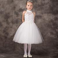 amgam a line tea length flower girl dress tulle halter with beading