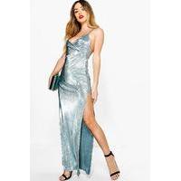 Amy Metallic Strappy Thigh Split Maxi Dress - silver