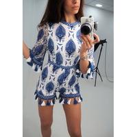 Amira printed tassel hem plunge back playsuit