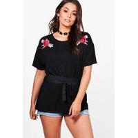 Amber Wrap Detail Embroidered T-shirt - black