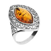 Amber Ring Marquise Decorative Cut Out Edge Silver