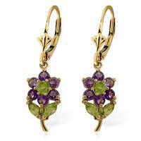 Amethyst and Peridot Flower Petal Drop Earrings 2.12ctw in 9ct Gold